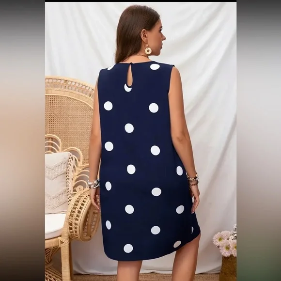 Women’s Navy Blue & Large White Polka Dot Sleeveless Dress. Various Sizes - Picture 2 of 4